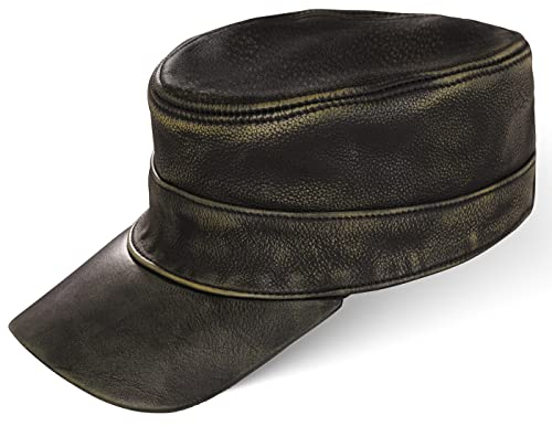 Black Forest Fox Herren Damen Leder Cuba Army Cap Hut Schirmmütze in (Vintage-Black)