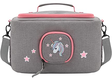 JP Journey Tasche für Toniebox 1 & 2 - Transporttasche für Tonie Figuren und Box zum Aufhängen für Reisen und Auto (Grau-Rosa Einhorn Pferd)