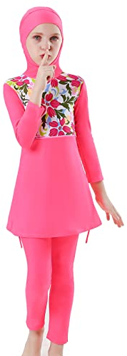 Badeanzug Mädchen Kinder Burkini Muslim Muslimische Full Cover Schwimmanzug Islamisch Arabisch Jilbab Top Shorts Hijab Wassersport Surfen Outfit Ganzkörper Modest Bademode Rosa Langarm 9-10 Jahre