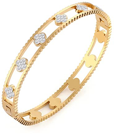 GAUEIOUR Braccialetto con foglia portafortuna, semplice bracciale in acciaio al titanio con diamanti borchiati a forma di foglia portafortuna con fibbia cava per donne, bracciale in acciaio inox