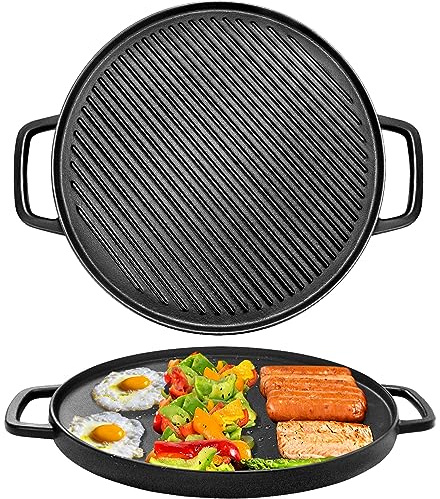 GGC Reversible Cast Iron Griddle, Double-sided Griddle Pan for Stove Tops, Gas Grills and Outdoor Cooking, 14 inch Grill Griddle with Baking Flat and Ribbed