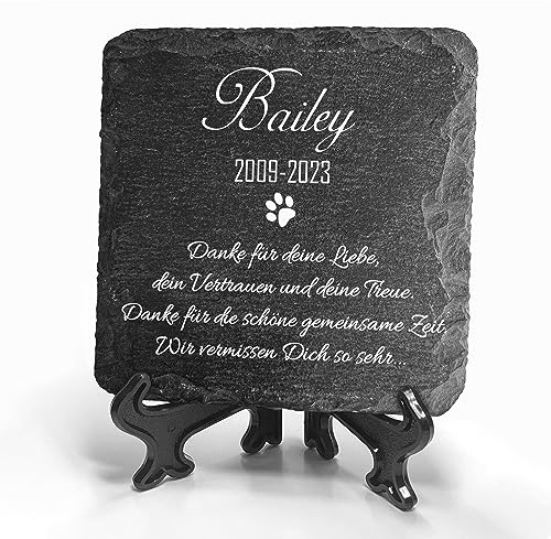 TULLUN Individueller Personalisiert Natürlich Tiergrabstein Schiefer Gedenkstein + Ständer für Hund, Katze, Kaninchen und andere Haustiere - Größe 10 x 10 cm - Name