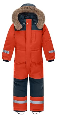 L SERVER Traje de esquí para niños con capucha, resistente al viento, impermeable, mono de nieve para niña, traje de nieve cálido, mono de esquí grueso con rayas reflectantes, naranja, 152-158