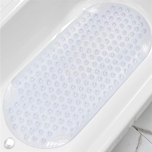 Morbuy Badewannenmatte Kinder rutschfest 88x40 cm Transparentes Oval Maschinenwaschbar Duschmatte Antirutschmatte Badewanne Badematte mit Saugnäpfen, Starke Saugkraft (transparent weiß)