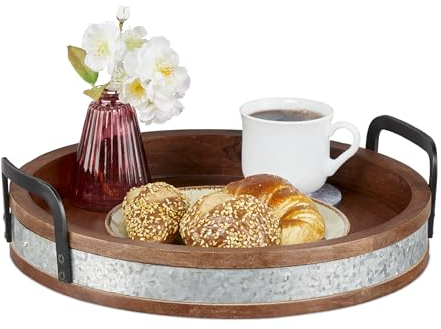 Relaxdays Tablett, rundes Serviertablett, Mangoholz, HxD: 9 x 35 cm, Holztablett mit Griffen, Dekotablett, braun/Silber