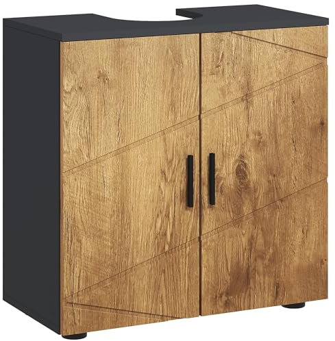 kleankin Meuble sous lavabo Meuble de Salle de Bain 2 Portes avec étagère réglable Armoire de Rangement pour Vasque 60 x 30 x 60 cm Gris Anthracite et Aspect Bois