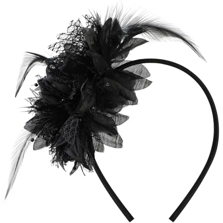 MWOOT Fjäderpannband, huvudbonad med konstgjord blomma, fjädrad, svart rytande 20-tal fascinatorer för kvinnor, huvudbonad för 1920-tals fjäder, hårtillbehör för cocktail bröllop bal maskerad teparty