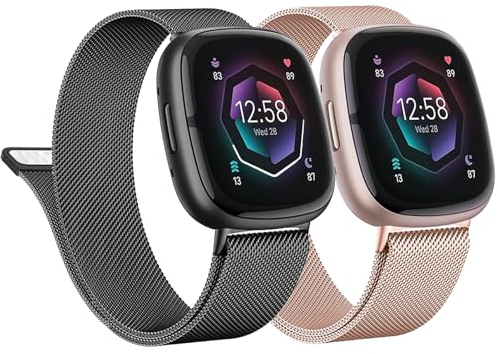 2 Stück Metall Armband für Fitbit Versa 3/Versa 4/Sense 2,Edelstahlarmband Sport Ersatzband Uhrenarmband aus Edelstahl mit Magnetschließe für Fitbit Versa 4/3/Sense 2 Smartwatch，Schwarz/Roségold，S