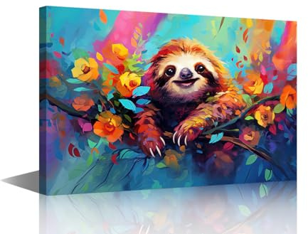 Canvas Wall Art Happy Baby Sloth Oil Painting Canvas Prints Stretched and Framed Cute animal with Color Splash Pictures for Living Room Home Decorations 18x12 inch