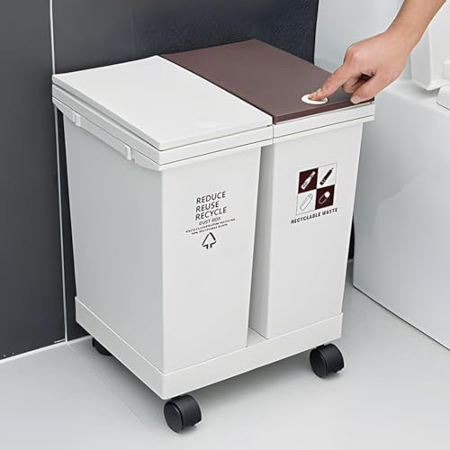 Bote de basura de 20 litros con 2 compartimentos, con ruedas, doble cubo de basura y reciclaje con tapa, cubo de basura de 11 galones, diseño desmontable, doble compartimento para cocina, latas de