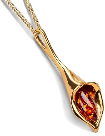 HENRYKA Calla Lily Flower Necklace in 925 Sterling Silver, 24ct Gold Plate & Baltic Amber | Chain Necklace Accessory | Jewellery for Nature Lovers with Gift Box