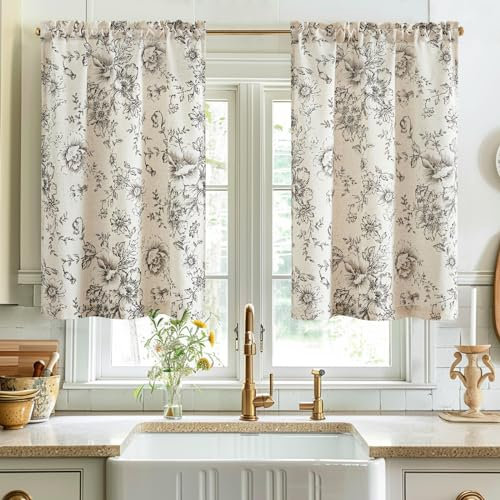TOPICK Leinen Scheibengardinen Blumen Küchengardinen 2er Set H90xB65(cm),Landhausstil Modern Gardinen Vorhänge Kurz Bistrogardine für Wohnzimmer Badezimmer Fenster Kurzstores,Schwarz auf Beige
