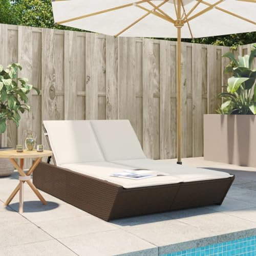 ZEYUAN Doppel-Sonnenliege mit Auflagen Braun Poly Rattan, Gartenliege, Liegestuhl, Sonnenstuhl, Sonneninsel Outdoor, Liegen, Gartenmöbel, Bäderliege, Relaxliege - 368180