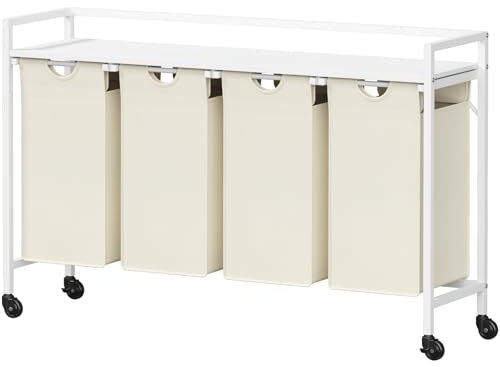 Lifewit Cesto de Ropa Sucia 4 Secciones, 168L con Repisa Superior y 4 Bolsas y Asas Extraíbles, Cesto para Ropa Sucia con Ruedas, Clasificador de Ropa para Cuarto de Lavandería, Dormitorio, Blanco