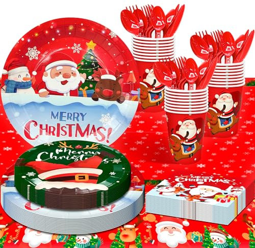 Vaisselle de Fête de Noël, 65pcs Fete de Noel Vaisselles Set - Assiette Thème Carton, Serviette en Papier Noel & Nappe de Decoration Noel etc Vaisselle de Fête Sur le Thème de la Noël