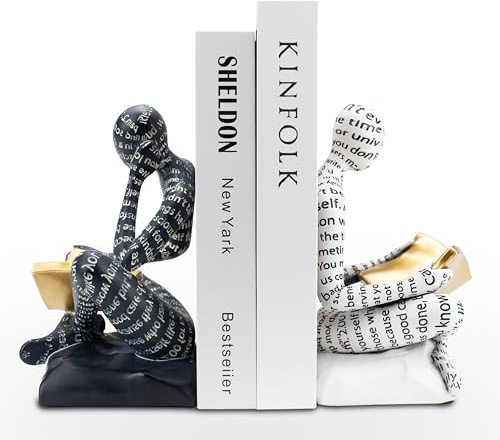 Heavy Duty Book Ends for Shelves, Thinker Decorative Bookends for Heavy Books, Unique Book Stoppers to Hold Book, Bookshelf Accessories, Modern Home Office Decor Aesthetic Black & White