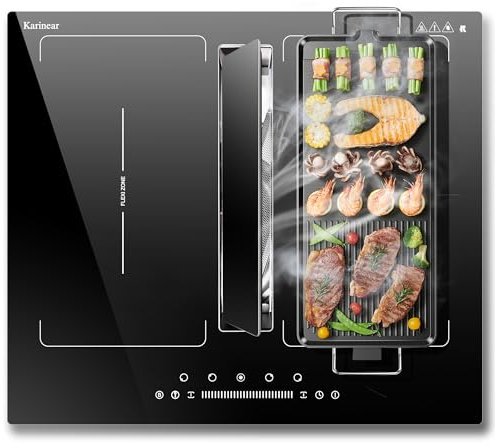 Karinear Plaque Induction Flexzone avec Hotte Aspirante, Table de Cuisson Induction 4 Feux avec Booster, Timer, Pause, Plaque Electrique 4 Foyers 7200W et Hotte Aspirante 145 W, 220-240V, sans prise