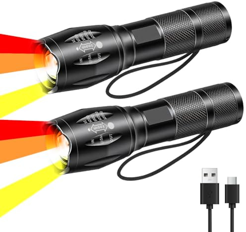 LIAISIMI 4 in 1 torcia a LED con luce rossa, gialla, arancione, bianca, ricaricabile, multifunzionale torcia elettrica con messa a fuoco regolabile torcia impermeabile(2 Pack)