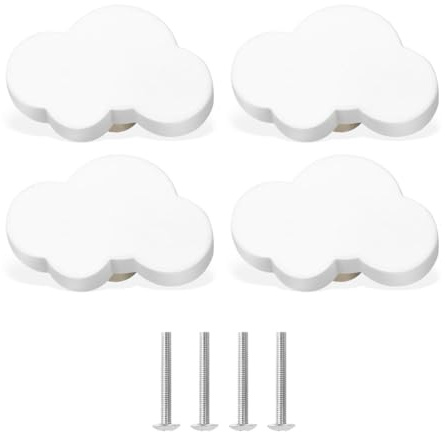 LONZIKP 4 pcs Wolkenform Schubladenknöpfe Möbelknäufe, Cartoon Form Weicher Kleber Knöpfe für Kinder, für Schrankgriff Schubladen Knöpfe, Kinderzimmer Schränke, Toy Organizer Box (Weiß)