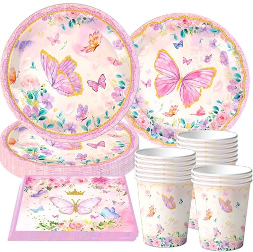 Lot de 50 pièces de vaisselle de fête papillon - Décoration d'anniversaire - Assiettes en carton - Gobelets - Serviettes de fête - Décoration pour 10 invités - Décoration d'anniversaire d'enfant