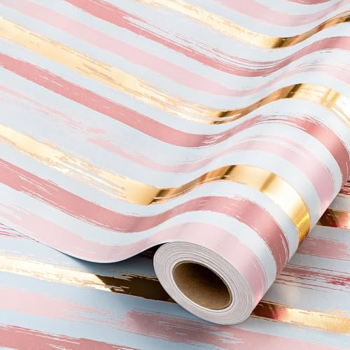 Wikadlik Rosa Geschenkpapier Rolle, 43cm x 10m Goldfolie Streifen Elegant Dickes Geschenkpapier für Hochzeit, Brautparty, Valentinstag, Muttertag