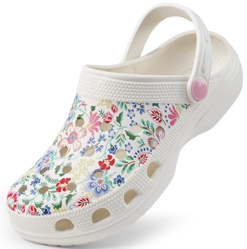 Harvest Land Unisex Kinder Clogs Rutschfeste Gartenschuhe Jungen Mädchen Komfort Pantoletten Sandalen Blume Weißu EU27