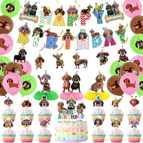 Obussgar Decoraciones de fiesta de cumpleaños de perro salchicha, accesorios para fiestas de salchicha, incluyendo pancartas de feliz cumpleaños, espirales, adornos para tartas, piezas centrales de