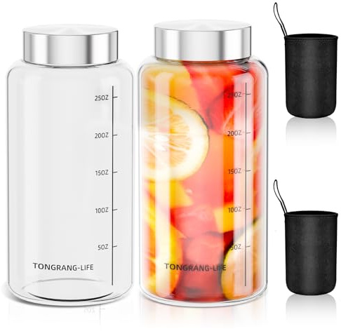 TONGRANG-LIFE Botellas de vidrio de gran capacidad de 800 ml con tapa, botella mezcladora de vidrio para mezclas de proteínas, botella de agua para jugos, batidos, alimentos secos, viajes y gimnasio