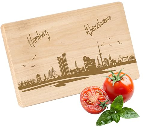 Gravur-Max Frühstücksbrettchen mit Skyline Gravur Hamburg – personalisierbar mit Wunschname – Personalisiertes Holz Schneidebrettchen, 22x12x1 cm, Unbehandeltes Buchenholz – ideal als Geschenk