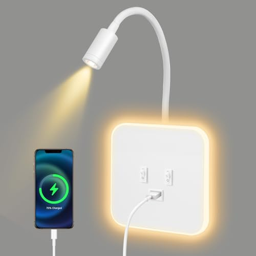 QCXWCJWD LED Wall Light Indoor with USB Charging Port, Bedside Wall Lights, Dimmable Wall Mounted Light for Bedroom, 360° Rotation Wall Reading Lights (White)