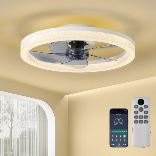 queffigle 20 Ceiling Fan with Light 4000LM 50cm Remote & App Control Flush Mount 6 Speeds Dimmable Low Profile 3 Colours Reversible Smart Quiet LED Timer Lamps for Bedroom Dining Room Crystal