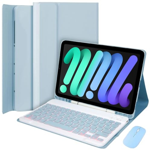 EHLCYS Funda con Teclado para iPad Mini (A17 Pro) 7ª Generación 2024 / iPad Mini 6ª Generación 8,3 Pulgadas, Español Ñ Teclado Extraíble Retroiluminado 7 Colores con Portalápices Y Ratón,Azul