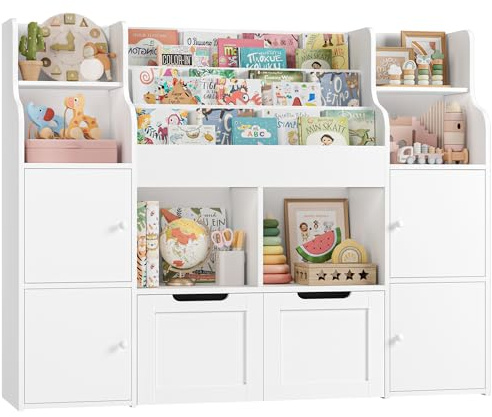 FOREHILL Kinderregal mit Bücherregal Kinderzimmer Möbel aus Holz Bücherregal für Kinder mit Aufbewahrungsbox Kinderschrank mit 2 Spielzeugkiste auf Rollen 122 x 30 x 100 cm