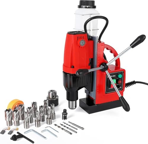 PeakPursuit Mag Drill Press, 1300W 810RPM Portable Magnetic Drill Press, 1.6 Inch Boring Diameter, Double Track, Electric Drilling Machine with 11Pcs Drill Bits, for Industrial and Home Improvement
