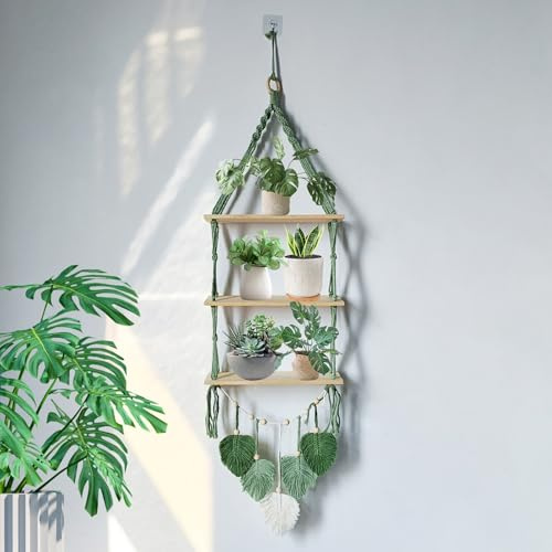 Whoiy Makramee Wandregal Holz Regal Boho Deko Hängeregal, 3 Tier Handgewebte Schweberegal Kinderzimmer Wohnzimmer Balkon Schlafzimmer
