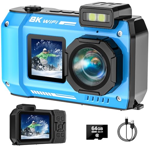 SPUNALP UHD 8K Underwater Camera, 70MP 33FT WiFi Waterproof Digital Camera with 64GB Card, Auto Focus Waterproof Dual-Screen Selfie 2500mAh Battery, 16X Floatable Digital for Snorkeling, Blue