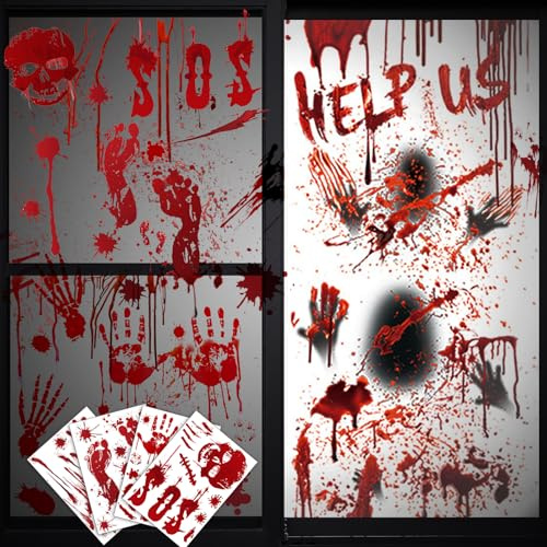 Shyllin Halloween Dekoration Horror Sticker Poster, Blutige Fenster Handabdruck Fußabdruck, Riesen Blutige Handabdrücke, Zombie Silhouetten, Gruselig Fensterbilder Aufkleber für Halloween Party