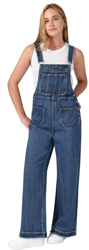 roswear Women’s Denim Overalls Loose Fit Stretchy Baggy Overall Bib Wide Leg Casual Jean Jumpsuits Washed Denim Blue X-Large