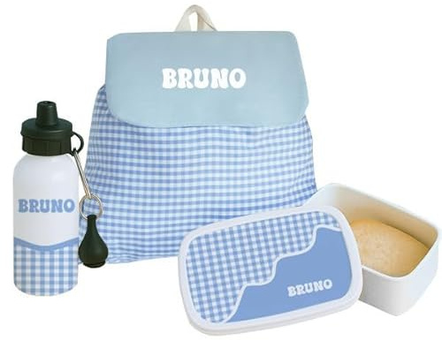 Pack Escolar Infantil Personalizado 3 Piezas – Mochila, Fiambrera y Botella de Aluminio con Diseño Cuadros Azules. Vuelta al Cole, Excursiones y Regalo Original para Niños. Kit Escolar Completo.