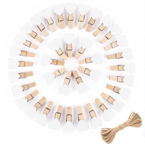 jijAcraft Clothespins with String - 50Pcs Mini Wooden Clothes Pins with Heart, White Heart Clips, 1.4Inch Small Photo Craft Clip for Baby Shower, Wedding, Birthday