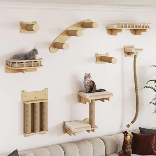 BYBYME Cat Climbing Wall Set Made of Natural Wood, 8 Pcs Sturdy Furniture with Scratching Posts, kitten Platform, 100CM Sisal Rope and Cat Bed for Cats Sleeping, Playing, and Lounging（Natural Wood）