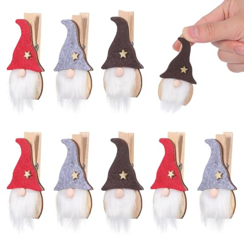 iplusmile Holzklammern Weihnachten: 9 Stück Wäscheklammern Kleine Holzklammern mit 3D-weihnachtszwerg-Muster für Adventskalender Weihnachtsdekoration Karten, Bildern, Weihnachtsbasteln