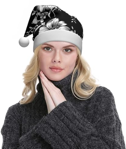 ESNAIUVCD Schwarze Weihnachtsmütze mit Blumendruck, Weihnachtsmütze für Erwachsene, weicher Plüsch für Weihnachten, Neujahr, festliches Partyzubehör