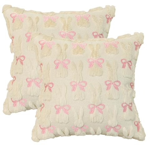 Artoid Mode Künstliche Pelz Beige Schleifen Hasen Ostern Kissenbezüge 2er Set, 40x40 cm Plüsch Samt Sofakissen Zierkissenbezug Schlafzimmer Deko