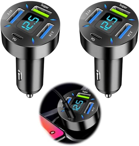 2 PCS 66W Cargador Mechero USB Carga Rapida, Super y QC3.0 & PD 4 Puertos | Cargador Movil Coche con Voltímetro Led Compatible con Múltiples Dispositivos y Todos Los Teléfonos Inteligentes