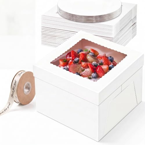 10 Stück Tortenkarton Tortenbox Hoch 30x30x20cm mit Cake Boards 25cm - Stabile Kuchenbox Pappe - Lebensmittelecht Cake Box - Einfach zu Mmontierende Kuchenschachtel für Cupcakes, Party & Geburtstage