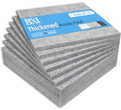 BXI Thickened Sound Absorbing Panels - 12 Pack 12 X 12 X 0.5 Inches Dense Acoustic Panels, Echo Noise Reducing Sound Panels, Tackable Studio Panels for Wall and Ceiling Acoustic Treatment