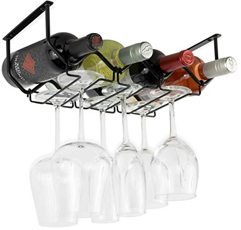Wallniture Piccola Under Cabinet Wine Rack & Glasses Holder Kitchen Organization with 4 Bottle Organizer Metal Black
