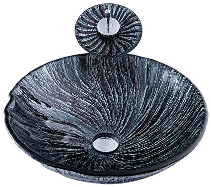 HomeLava Lavabo Rond Vasque à Poser en verre trempé avec robinet cascade Évier lave main pour salle de bains wc noir 42x14.5cm