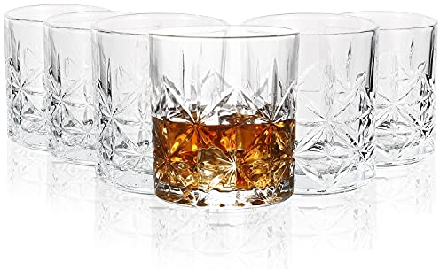 Vinsani Set of 6 Royal Whisky Tumblers 300ml Glasses Crystal Cut Transparent Vintage Whiskey Rum Cocktail Drinkware Glasses Bar Gift Set for Men Women